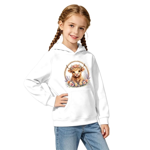 SJLDQY Girls Hoodies Cute Highland Cow Graphic Hooded Sweatshirts for Girls Long Sleeve Hoodie Fall Winter Casual Pullover Tops with Pockets