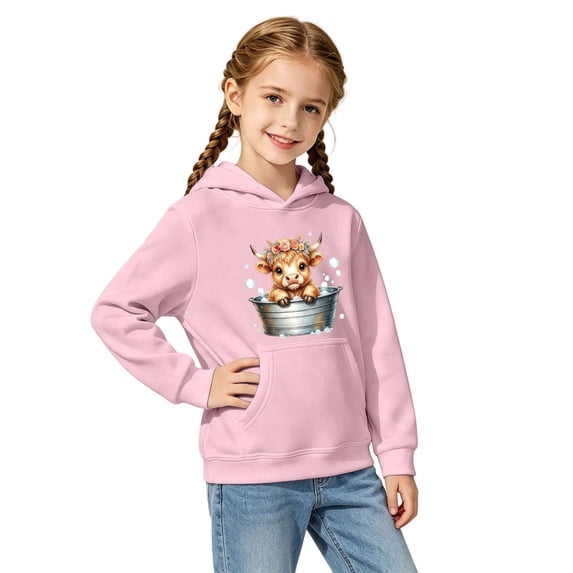 SJLDQY Girls' Hoodies Cute Highland Cow Graphic Hooded Sweatshirts for Girls Long Sleeve Hoodie Fall Winter Casual Pullover Tops with Pockets