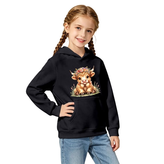SJLDQY Girls Hoodies Cute Highland Cow Graphic Hooded Sweatshirts for Girls Long Sleeve Hoodie Fall Winter Casual Pullover Tops with Pockets
