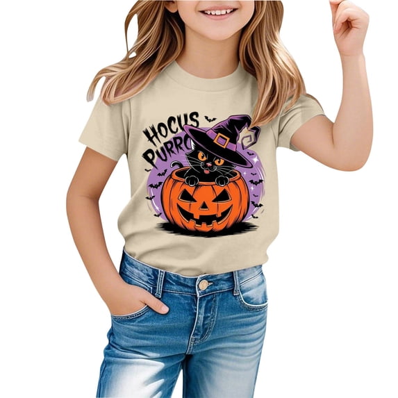 SJLDQY Girls' Halloween T-Shirts Cute Black Cat Pumpkin Graphic Tees for Girls Hallowmas Short Sleeve Crewneck T Shirts Casual Soft Tops