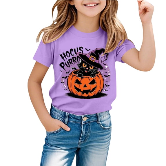 SJLDQY Girls' Halloween T-Shirts Cute Black Cat Pumpkin Graphic Tees for Girls Hallowmas Short Sleeve Crewneck T Shirts Casual Soft Tops