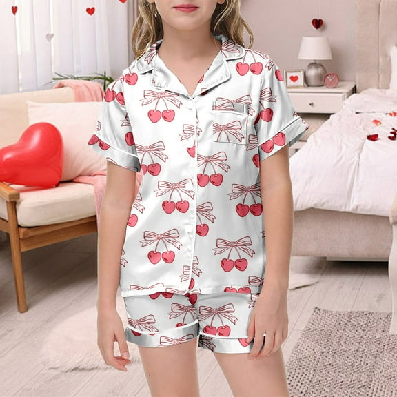 SJLDQY Girls Outfits Bow Printed Pajamas Short Sleeved Button Top Shorts Home Pajamas Set Pink 3-4 Years