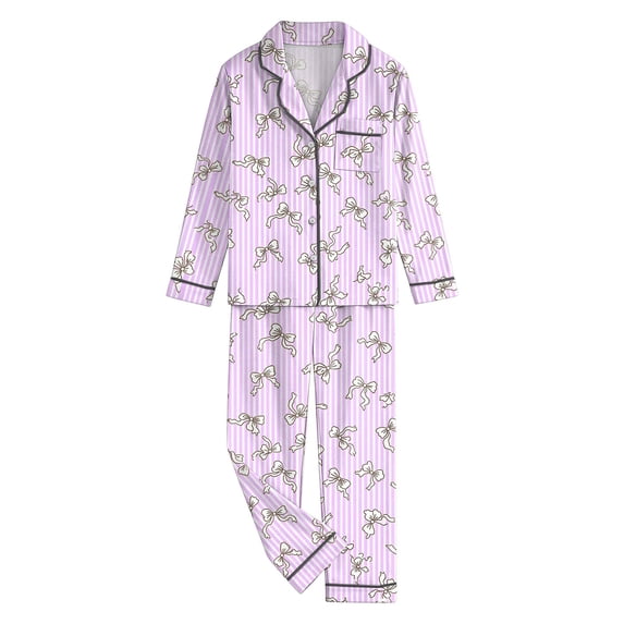 SJLDQY Girls' Pajama Sets Bow Print Long Sleeve Shirts with Pants 2 Piece Sets Casual Sleepwear Button Up Pjs for Girls