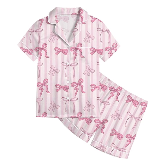 SJLDQY Girls Pajama Sets Bow Print Short Sleeve Shirts and Shorts 2 Piece Sets Summer Sleepwear Button Down Pjs for Girls
