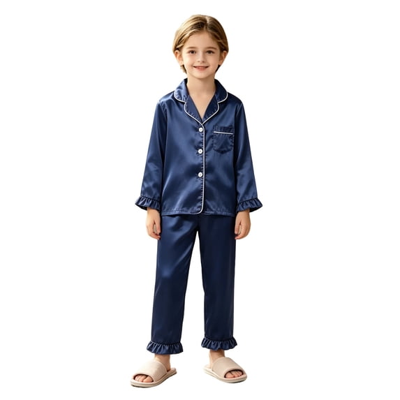 SJLDQY Girls Satin Silk Pajama Sets Button Down Long Sleeve Shirts Pants 2 Piece Ruffles Pj Sets Fall Sleepwear Soft Comfy Loungewear Sets for Girls