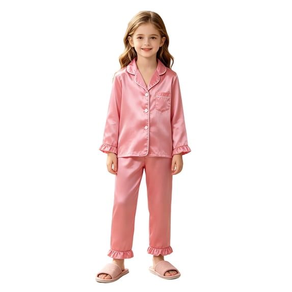 SJLDQY Girls Satin Silk Pajama Sets Button Down Long Sleeve Shirts Pants 2 Piece Ruffles Pj Sets Fall Sleepwear Soft Comfy Loungewear Sets for Girls