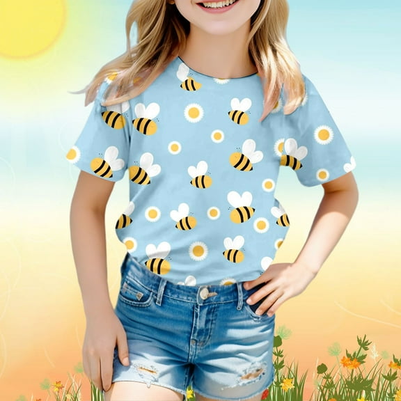 SJLDQY Girls Shirts Children's Bee Festival Printed Casual Comfortable Crewneck Short Sleeve T Shirt Sky Blue 10-11 Years