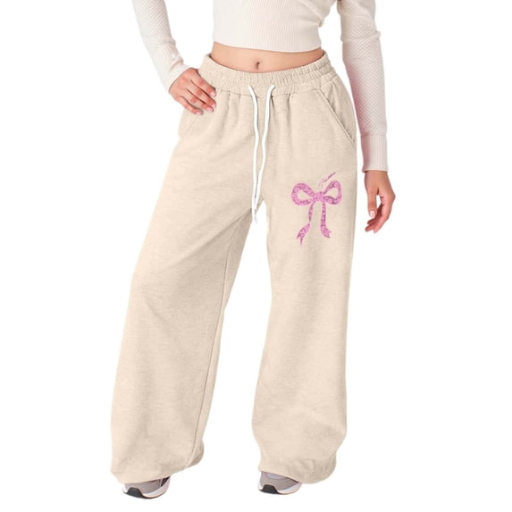 SJLDQY Girls Sweatpants Casual Elastic Waist Drawstring Baggy Pants for Girls Cute Bow Graphic Straight Leg Sweat pants with Pockets