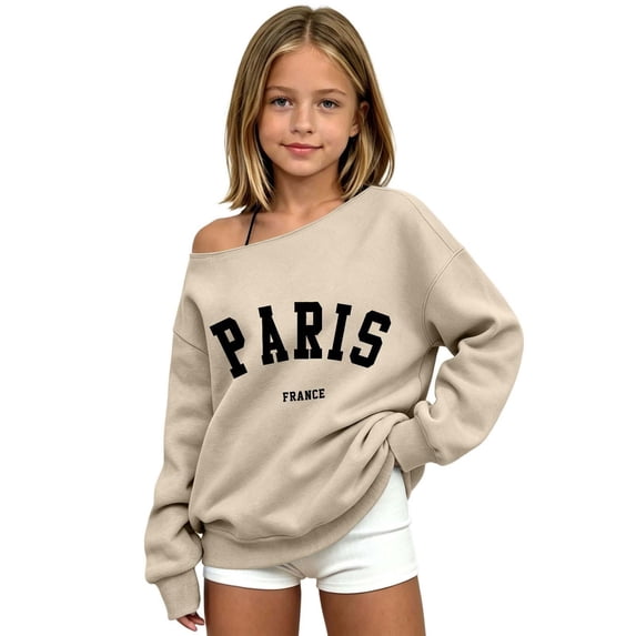 SJLDQY Girls Sweatshirt Off The Shoulder Top Oversized Long Sleeve Sweatshirts for Girls Letter Graphic Fall Winter Casual Pullover Tops