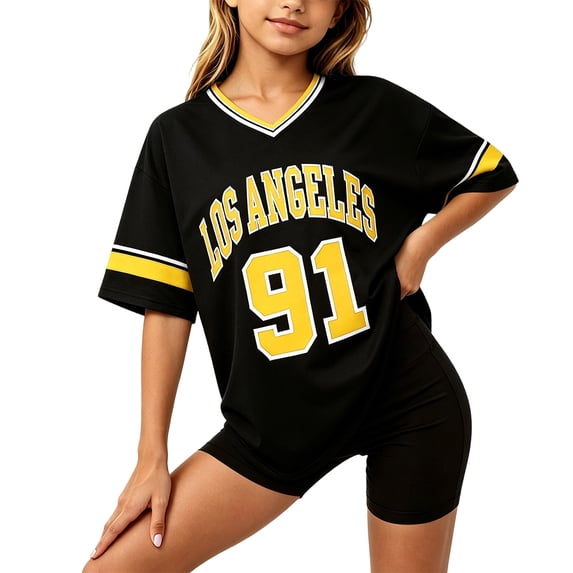 SJLDQY Girls T-Shirts Short Sleeve V-Neck Y2K T Shirts for Girls Number Graphic Tees Casual Athletic Loose Tops