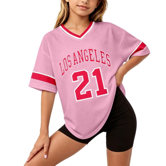 SJLDQY Girls T-Shirts Short Sleeve V-Neck Y2K T Shirts for Girls Number Graphic Tees Casual Athletic Tops