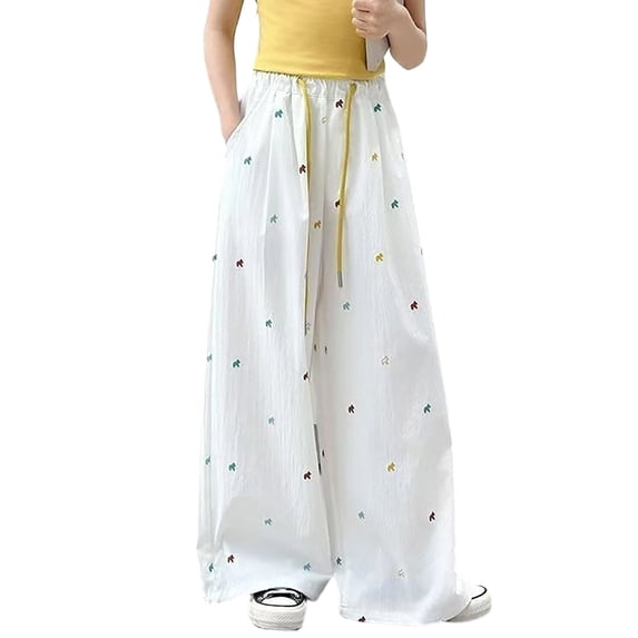 SJLDQY Girls Wide Leg Pants Casual Elastic Drawstring Waist Baggy Pants for Girls Lightweight Pants with Pockets