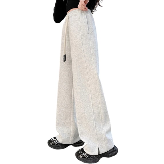 SJLDQY Girls Wide Leg Pants Casual Elastic Waist Drawstring Baggy Pants for Girls Split Hem Solid Color Straight Leg Trousers with Pockets
