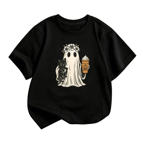 SJLDQY Halloween Girls Clothes Short Sleeve Hallowmas Ghost Graphic T-shirt Crew Neck Tees Summer Tops 3-4 Years