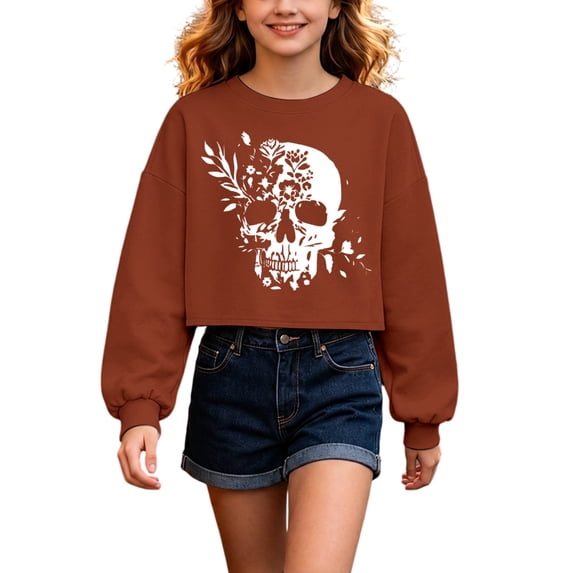 SJLDQY Halloween Girls Cropped Sweatshirts Skull Graphic Long Sleeve Crewneck Sweatshirt Fall Casual Pullover Tops for Girls