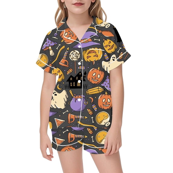 SJLDQY Halloween Girls Pajama Sets Button Down Short Sleeve Shirts Shorts 2 Piece Pj Sets Hallowmas Printed Sleepwear Breathable Soft Loungewear Sets for Girls
