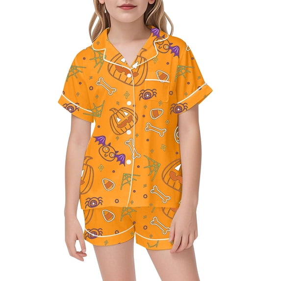 SJLDQY Halloween Girls Pajama Sets Button Down Short Sleeve Shirts Shorts 2 Piece Pj Sets Hallowmas Printed Sleepwear Breathable Soft Loungewear Sets for Girls