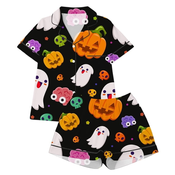 SJLDQY Halloween Girls Pajama Sets Hallowmas Print Short Sleeve Shirts and Shorts 2 Piece Sets Casual Sleepwear Button Down Pjs for Girls