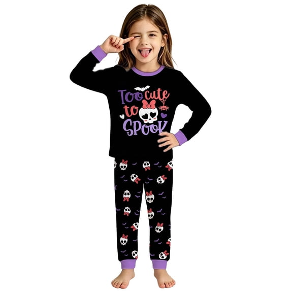 SJLDQY Halloween Girls Pajamas Long Sleeve Hallowmas Graphic Shirts Pants 2 Piece Pjs Sets Fall Winter Sleepwear Cozy Comfy Loungewear Sets