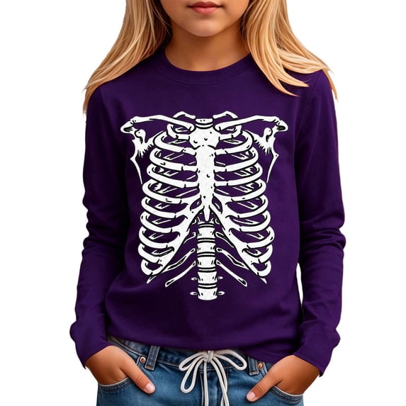 SJLDQY Halloween Girls T-Shirts Long Sleeve Hallowmas Skeleton Graphic Tees for Girls Crew Neck T Shirts Casual Soft Fall Tops Size 3-14Y