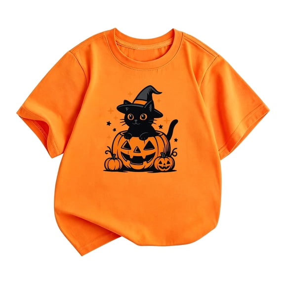 SJLDQY Halloween Girls T-shirts Short Sleeve Hallowmas Black Cat Pumpkin Graphic T-shirt Crew Neck Tees Summer Tops 2-3 Years