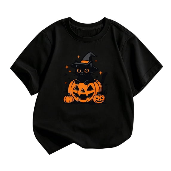 SJLDQY Halloween Girls T-shirts Short Sleeve Hallowmas Black Cat Pumpkin Graphic T-shirt Crew Neck Tees Summer Tops 3-4 Years