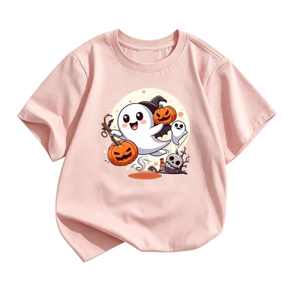 SJLDQY Halloween Girls T-shirts Short Sleeve Hallowmas Ghost Pumpkin Graphic Tees Crew Neck T Shirts for Girls Summer Tops Size 2-14 Years