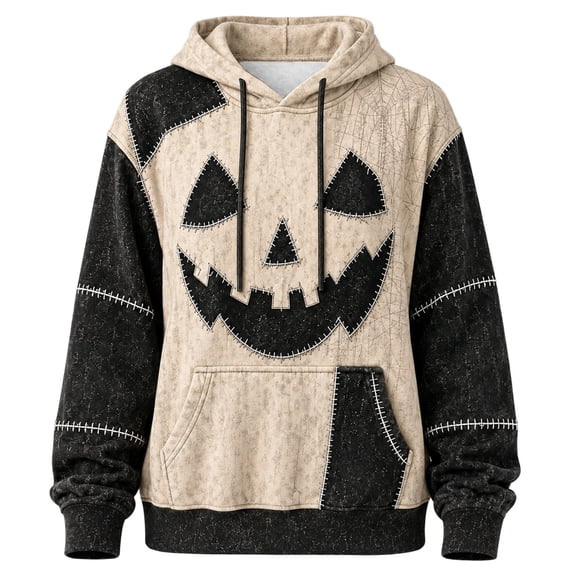 SJLDQY Halloween Hoodies for Women Pumpkin Face Graphic Hoodie Hallowmas Long Sleeve Casual Patchwork Pullover Hooded Sweatshirts with Pockets