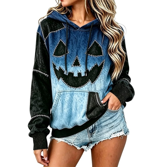 SJLDQY Halloween Hoodies for Women Pumpkin Face Graphic Hoodie Hallowmas Long Sleeve Casual Patchwork Pullover Hooded Sweatshirts with Pockets