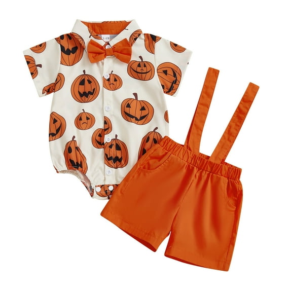 SJLDQY Halloween Baby Boys Clothes Set Short Sleeve Tops Overalls Hallowmas Ghost Pumpkin 2Pcs Outfit Sets Funny Festival Clothing