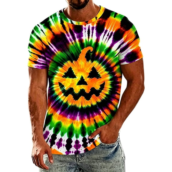 SJLDQY Halloween Men's Tie Dye T Shirts Novelty Pumpkin Graphic Tees Short Sleeve Crewneck T-Shirts for Men Hallowmas Streetwear Casual Tops
