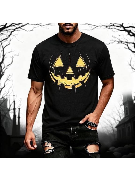 Halloween Mens Short Sleeve Tshirts Pumpkin Face Graphic Hallowmas T-Shirts for Men Casual Crew Neck Loose Fit Soft Tops