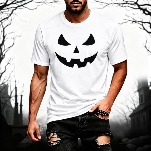 SJLDQY Halloween Mens Short Sleeve Tshirts Pumpkin Face Graphic Hallowmas T-Shirts for Men Casual Crew Neck Loose Fit Soft Tops