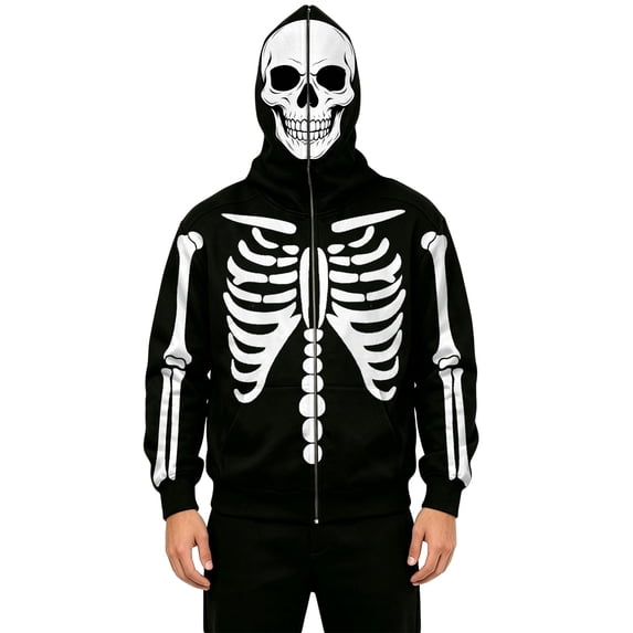 SJLDQY Halloween Mens Zip Up Hoodie Skeleton Graphic Full Face Mask Hooded Sweatshirts Casual Long Sleeve Loose Fit Hoodies for Men