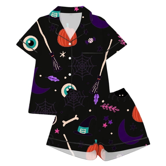SJLDQY Halloween Pajamas for Girls Hallowmas Print Short Sleeve Shirts and Shorts 2 Piece Loungewear Sets Casual Sleepwear Button Down Pj Sets