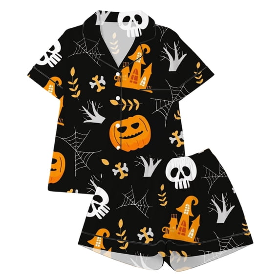 SJLDQY Halloween Pajamas for Girls Pumpkin Print Short Sleeve Shirts and Shorts 2 Piece Loungewear Sets Casual Sleepwear Button Down Pj Sets
