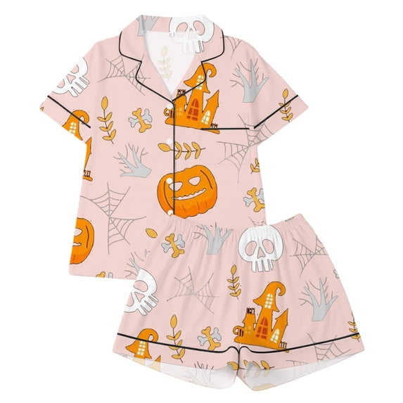 SJLDQY Halloween Pajamas for Girls Pumpkin Print Short Sleeve Shirts and Shorts 2 Piece Loungewear Sets Casual Sleepwear Button Down Pj Sets