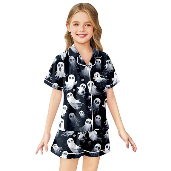 SJLDQY Halloween Satin Pajamas for Girls Set Ghost Print Short Sleeve Shirts Shorts 2 Piece Pj Set Silk Sleepwear Button Down Loungewear Set