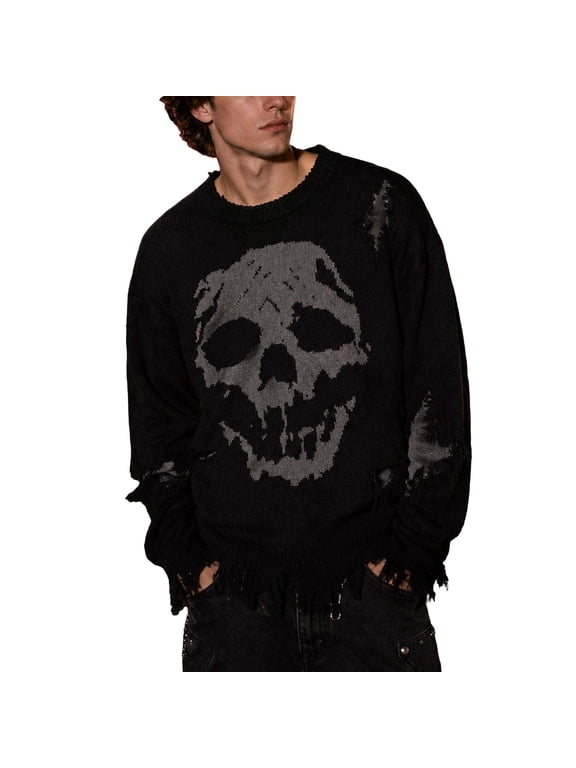 Halloween Sweaters for Men Skull Graphic Knit Sweaters Long Sleeve Crewneck Pullover Tops Fall Winter Hallowmas Clothes