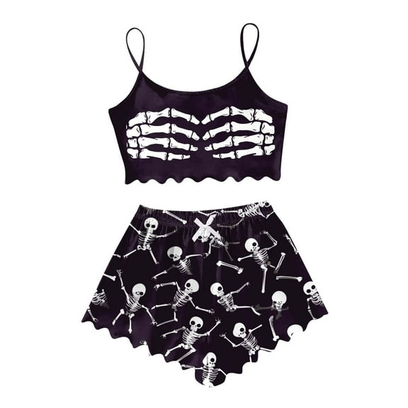 SJLDQY Halloween Women'S Pajamas Sets Sleeveless Pajama Tops Shorts Hallowmas Skeleton 2Pcs Pjs Sets Lightweight Soft Loungewear Homewear Outfits