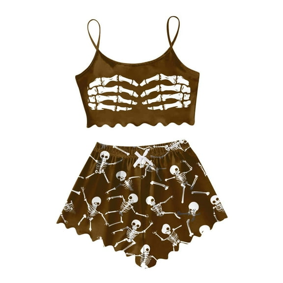 SJLDQY Halloween Women'S Pajamas Sets Sleeveless Pajama Tops Shorts Hallowmas Skeleton 2Pcs Pjs Sets Lightweight Soft Loungewear Homewear Outfits