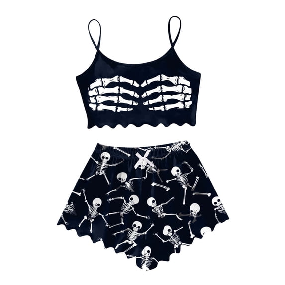 SJLDQY Halloween Women'S Pajamas Sets Sleeveless Pajama Tops Shorts Hallowmas Skeleton 2Pcs Pjs Sets Lightweight Soft Loungewear Homewear Outfits