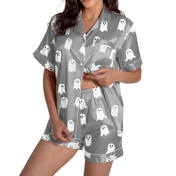 SJLDQY Halloween Womens Pajamas Sets 2 Piece Set Comfy Lightweight Pjs for Womens Button Down Short Sleeve Tops and Shorts Hallowmas Ghost Graphic Loungewear
