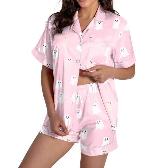 SJLDQY Halloween Womens Pajamas Sets 2 Piece Set Comfy Lightweight Pjs for Womens Button Down Short Sleeve Tops and Shorts Hallowmas Ghost Graphic Loungewear