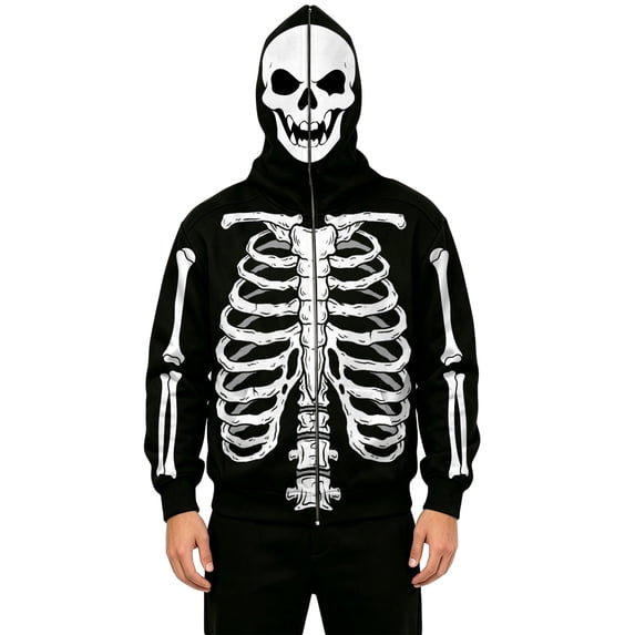 SJLDQY Halloween Zip Up Hoodies for Men Skeleton Graphic Full Face Mask Hooded Sweatshirts Fall Winter Casual Long Sleeve Loose Fit Hoodie