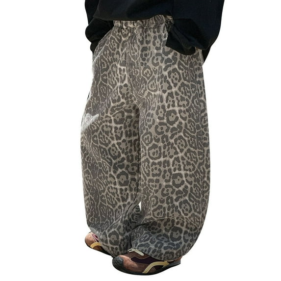 SJLDQY Kids Boy's Jeans Wide Leg Leopard Jeans for Boys Elastic Waist Lightweight Denim Trousers Comfy Childs Dailywear