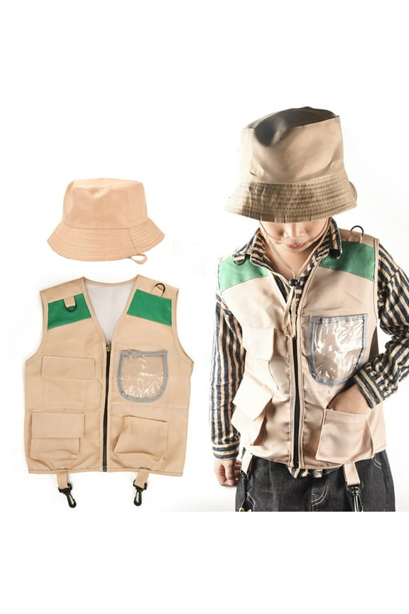 Kids Explorer Dress Up Casual Cargo Vest With Hat Funny Festival Performance Outfit Sets Suit For Camping Fishing Exploration