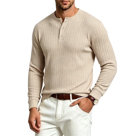 SJLDQY Men's Henley Shirts Long Sleeve Button T-Shirts Ribbed Texture Knit Tees Fall Winter Casual Loose Tops
