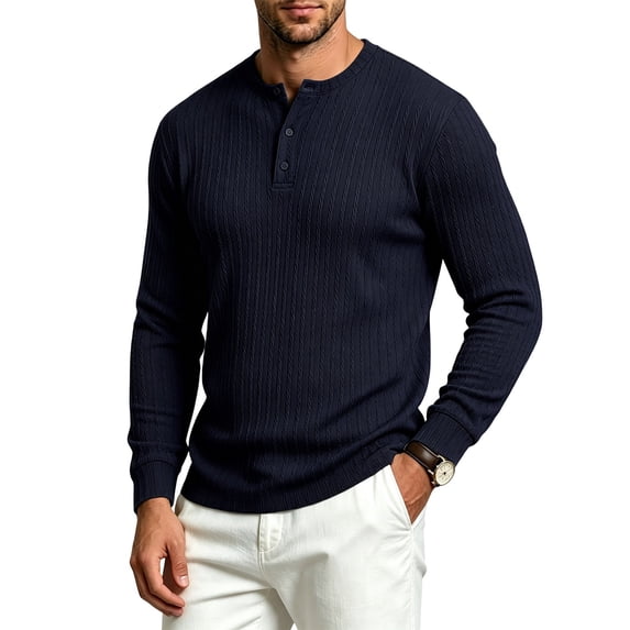 SJLDQY Men's Henley Shirts Long Sleeve Button T-Shirts Ribbed Texture Knit Tees Fall Winter Casual Loose Tops