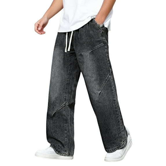 SJLDQY Mens Baggy Jeans Wide Leg Casual Jeans for Men Solid Color Elastic Waist Denim Pants With Pocket